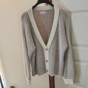 Pink Lily Cream and Brown Fuzzy Herringbone  Cardigan